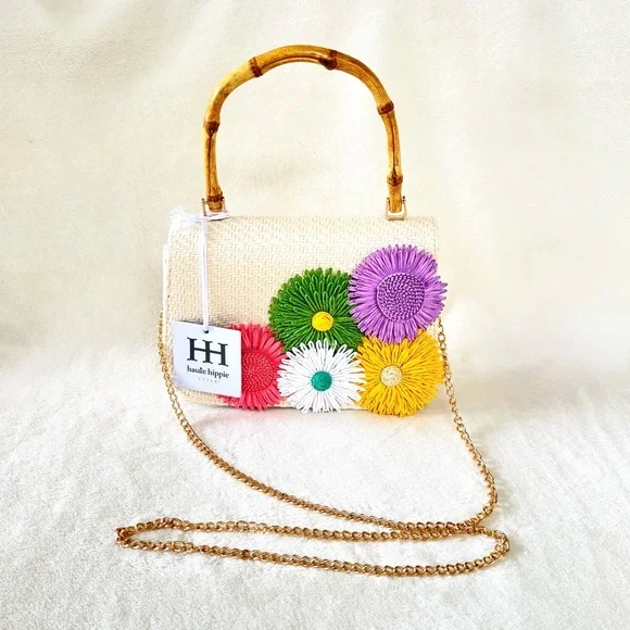 Haute Hippie Straw Bag w/ Colorful Floral Decoration & Bamboo Handle - Picture 2 of 9